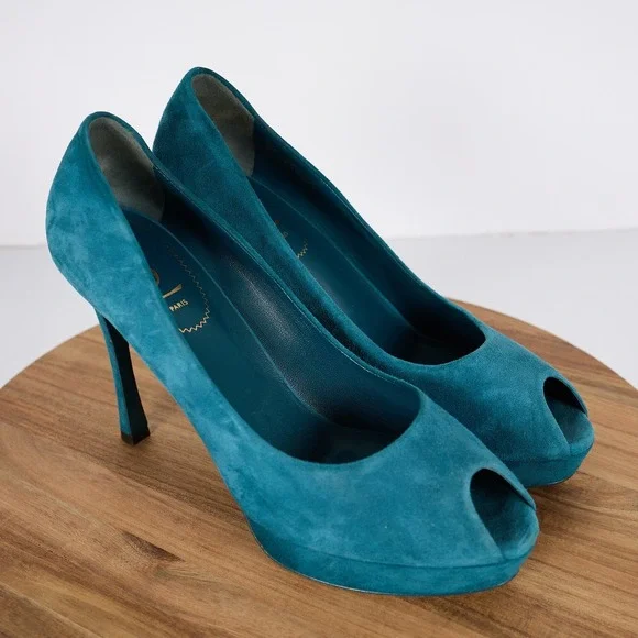 Yves Saint Laurent YSL Tribute Teal Blue Suede Peep Toe Platform Pumps Heels 41 - Picture 2 of 10